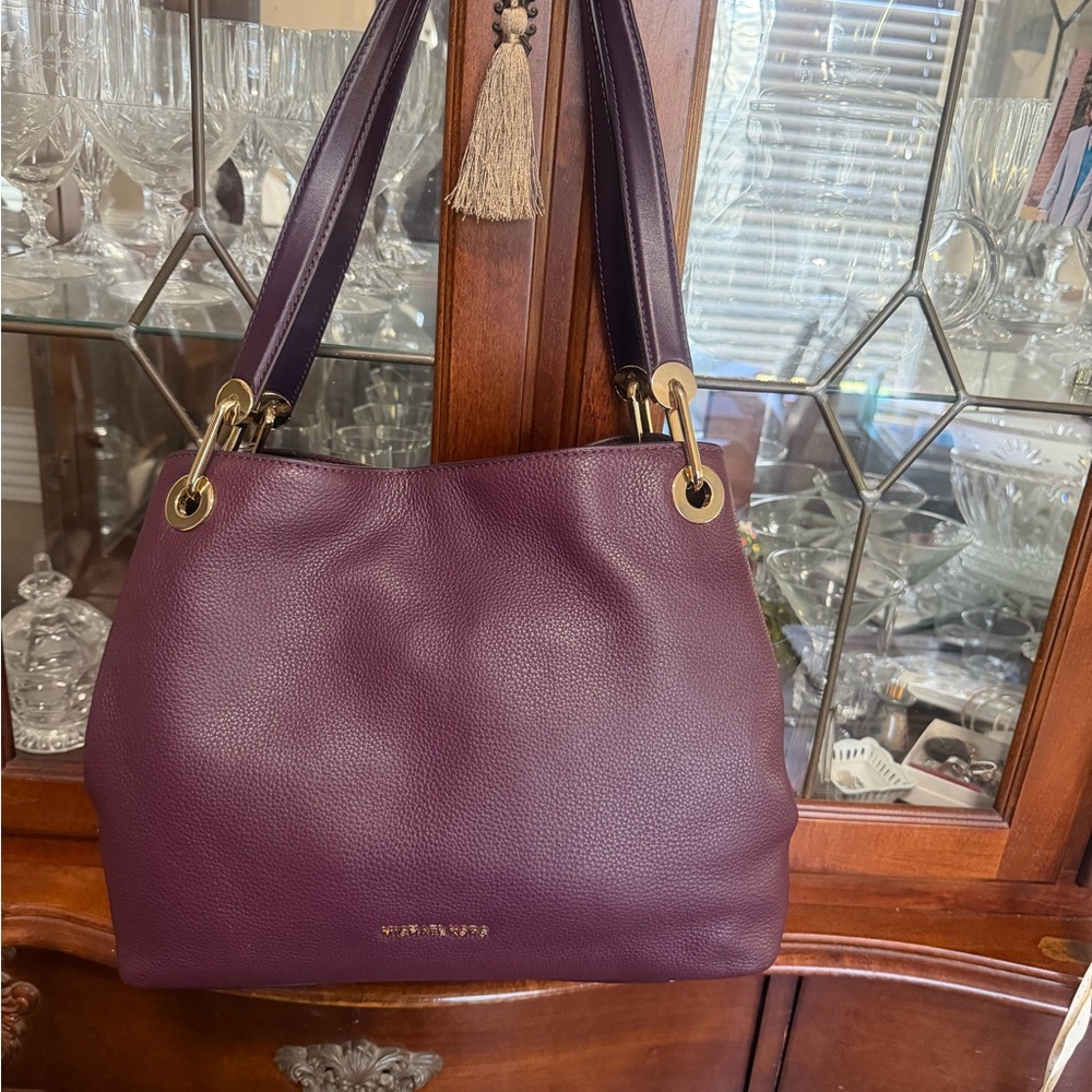 Michael Kors Deep Plum Pebbled Leather Shoulder Bag with Gold Hardware